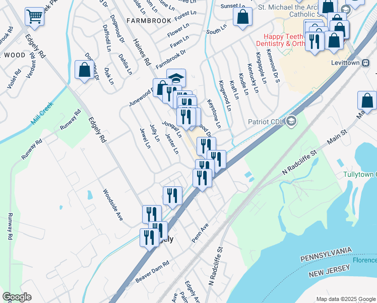 map of restaurants, bars, coffee shops, grocery stores, and more near 19 Jonquil Lane in Levittown