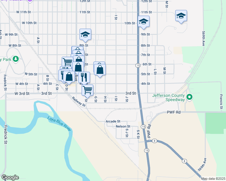 map of restaurants, bars, coffee shops, grocery stores, and more near 828 3rd Street in Fairbury