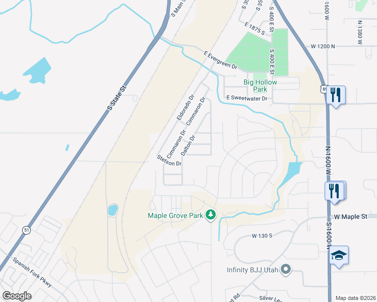 map of restaurants, bars, coffee shops, grocery stores, and more near 201 East 2525 South in Springville