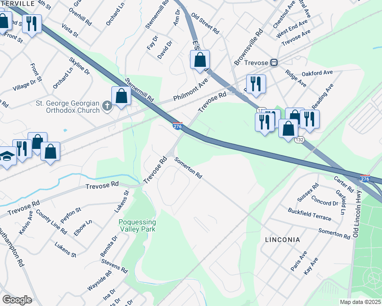 map of restaurants, bars, coffee shops, grocery stores, and more near 4701 Somerton Road in Bucks County