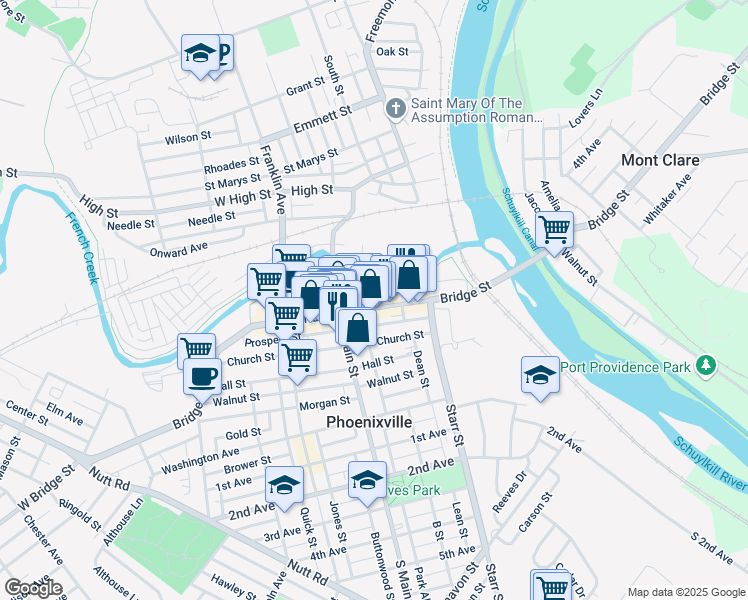 map of restaurants, bars, coffee shops, grocery stores, and more near 150 Bridge Street in Phoenixville