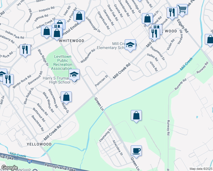 map of restaurants, bars, coffee shops, grocery stores, and more near in Levittown
