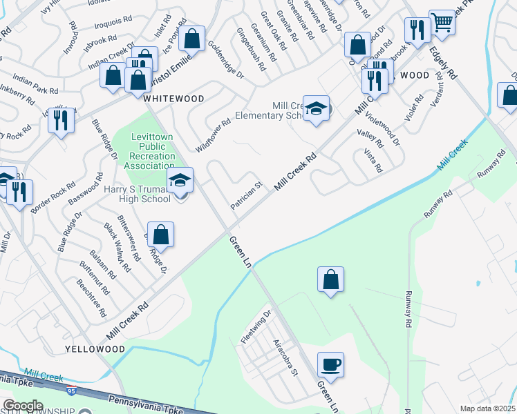 map of restaurants, bars, coffee shops, grocery stores, and more near 5200 Bristol Emilie Road in Levittown