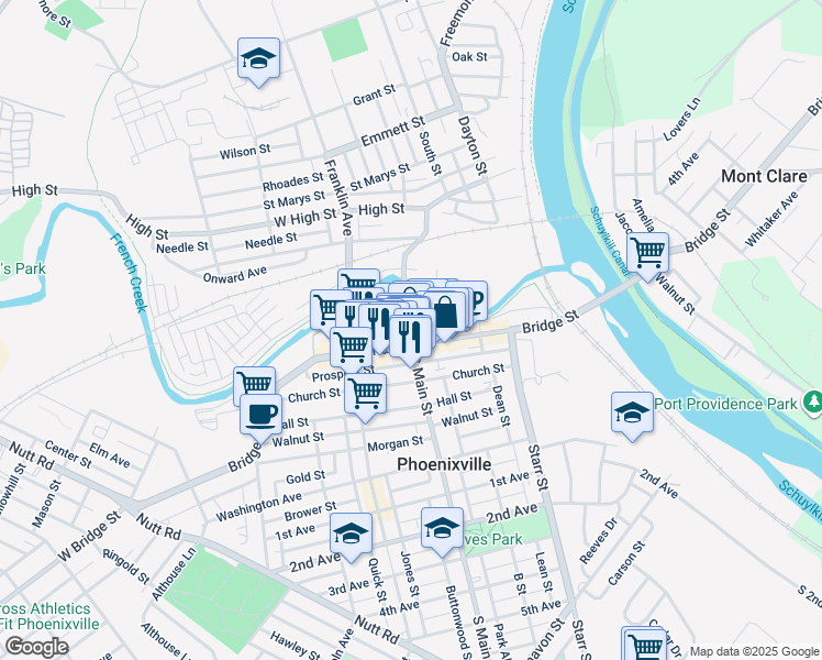 map of restaurants, bars, coffee shops, grocery stores, and more near 202 Bridge Street in Phoenixville