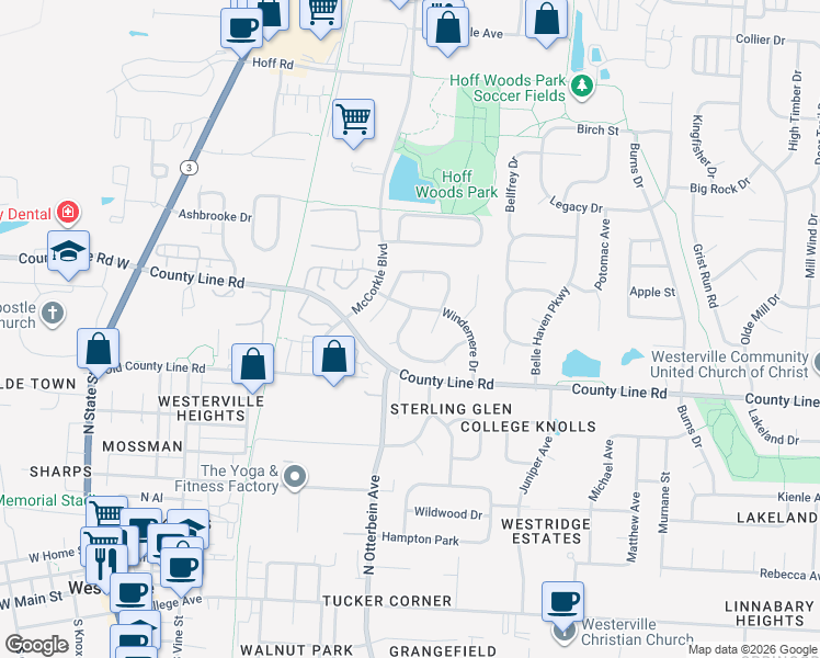 map of restaurants, bars, coffee shops, grocery stores, and more near 354 Aylesbury Drive West in Westerville