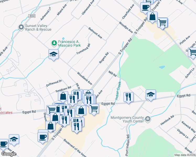 map of restaurants, bars, coffee shops, grocery stores, and more near 317 South Trooper Road in Norristown