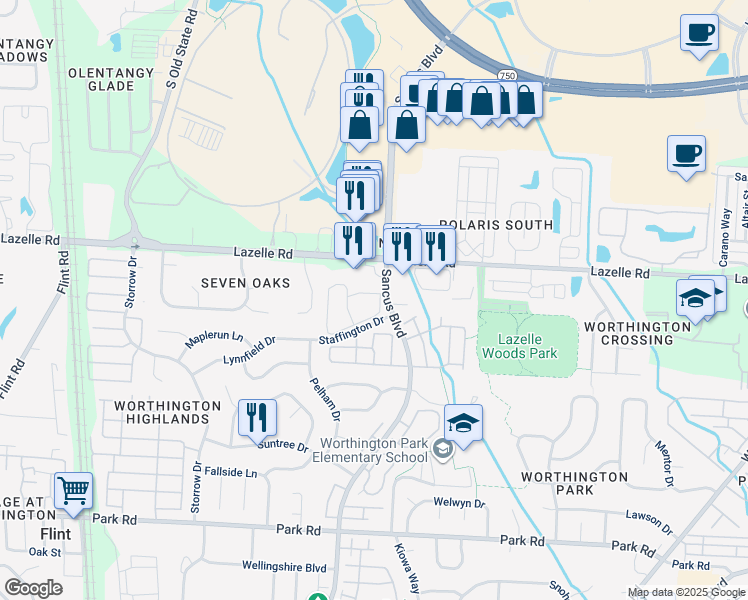map of restaurants, bars, coffee shops, grocery stores, and more near 1100 Polaris Crossing Boulevard in Westerville