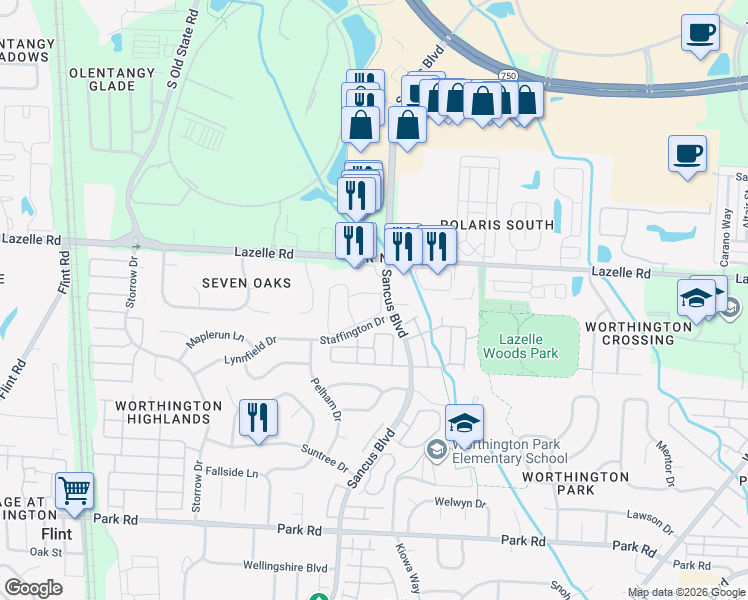 map of restaurants, bars, coffee shops, grocery stores, and more near 1100 Polaris Crossing Bl in Westerville