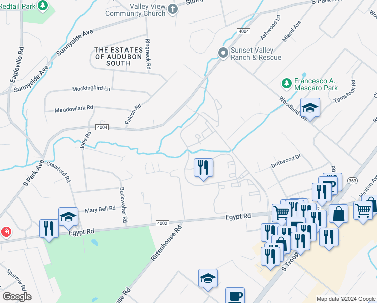 map of restaurants, bars, coffee shops, grocery stores, and more near Shannondell Drive in Audubon