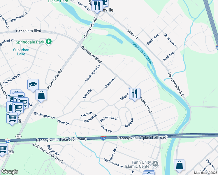 map of restaurants, bars, coffee shops, grocery stores, and more near 6185 Craig Avenue in Bensalem