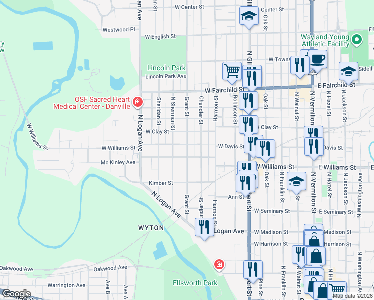 map of restaurants, bars, coffee shops, grocery stores, and more near 701-799 West Williams Street in Danville