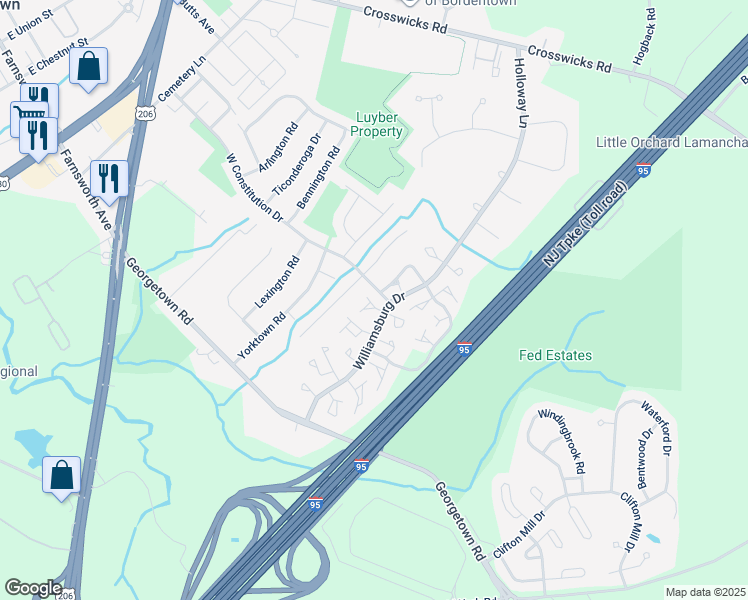 map of restaurants, bars, coffee shops, grocery stores, and more near 11 Fairfax Court in Bordentown