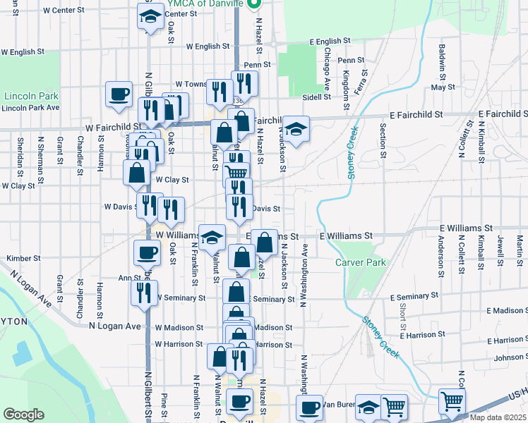 map of restaurants, bars, coffee shops, grocery stores, and more near 111 East Davis Street in Danville