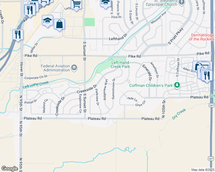 map of restaurants, bars, coffee shops, grocery stores, and more near 2106 Ridgeview Way in Longmont