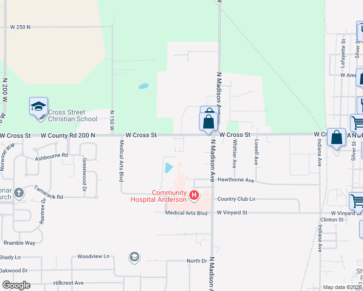 map of restaurants, bars, coffee shops, grocery stores, and more near 1235 West Cross Street in Anderson