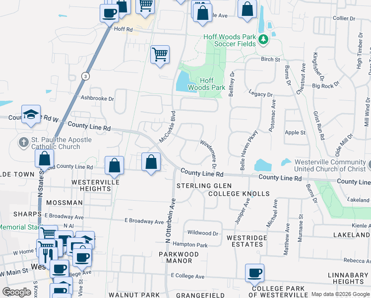 map of restaurants, bars, coffee shops, grocery stores, and more near 330 Aylesbury Drive South in Westerville
