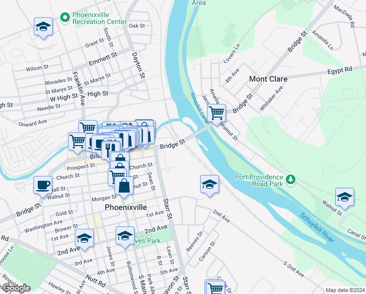 map of restaurants, bars, coffee shops, grocery stores, and more near 4 Bridge Street in Phoenixville