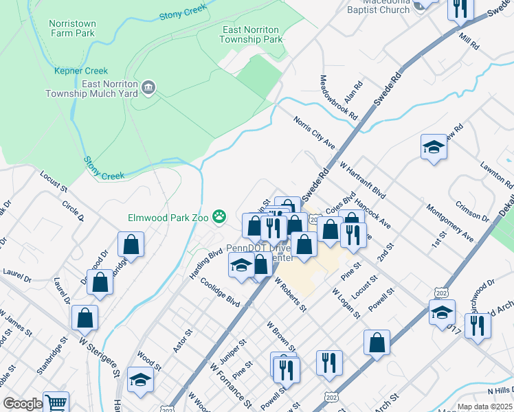 map of restaurants, bars, coffee shops, grocery stores, and more near 1710 Harding Boulevard in Norristown