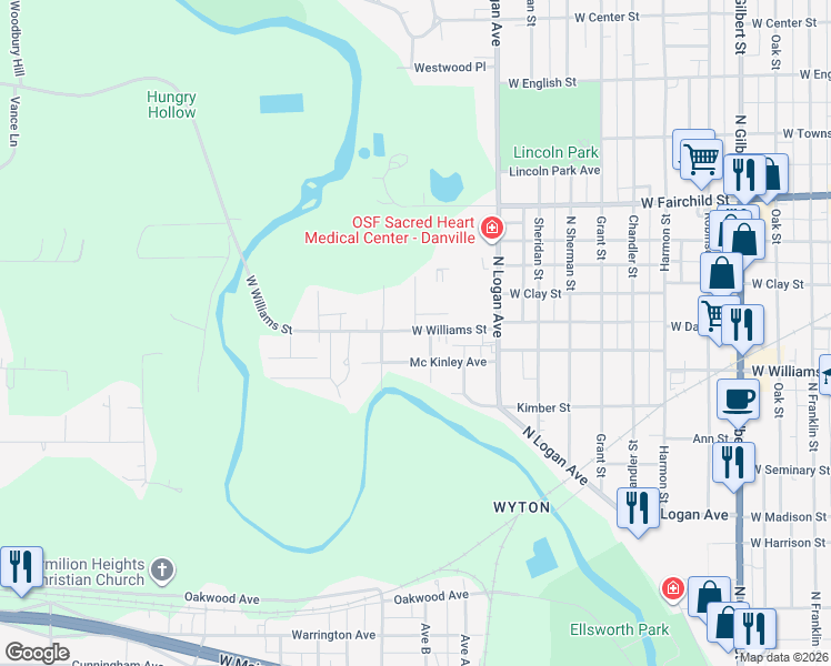 map of restaurants, bars, coffee shops, grocery stores, and more near 1108 West Williams Street in Danville
