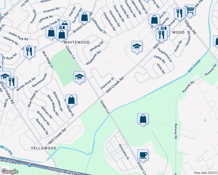 map of restaurants, bars, coffee shops, grocery stores, and more near 4 Mill Creek Road in Levittown