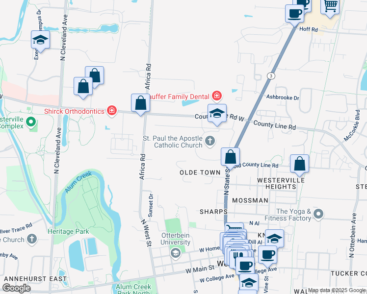 map of restaurants, bars, coffee shops, grocery stores, and more near 131 Moss Road in Westerville