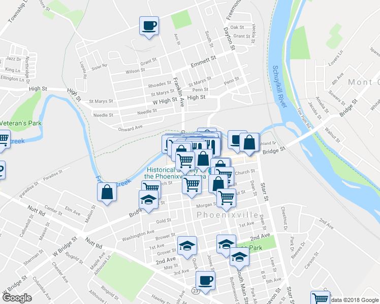 map of restaurants, bars, coffee shops, grocery stores, and more near 248 Mill Street in Phoenixville