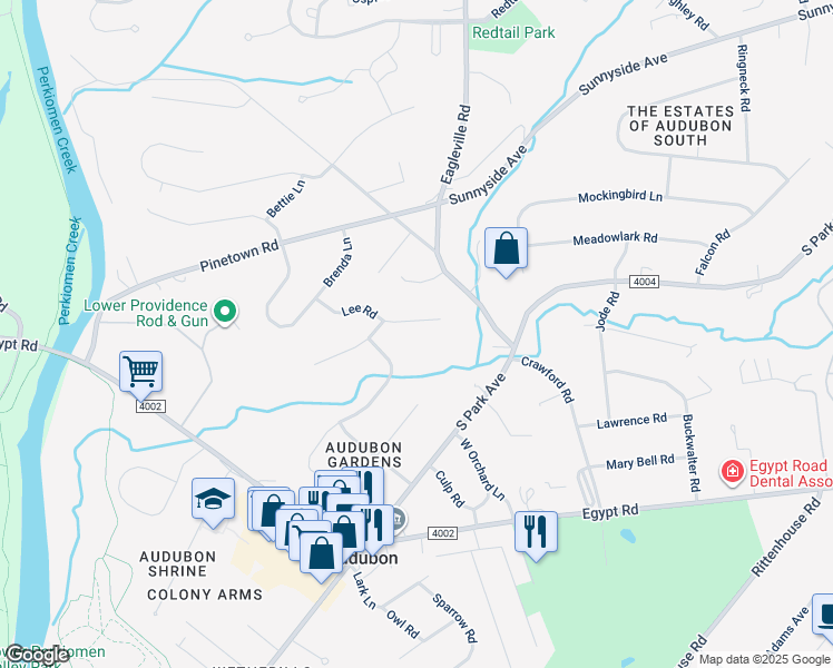 map of restaurants, bars, coffee shops, grocery stores, and more near 38 Lee Road in Eagleville