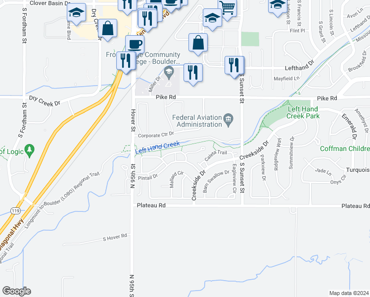 map of restaurants, bars, coffee shops, grocery stores, and more near 2159 Springs Place in Longmont