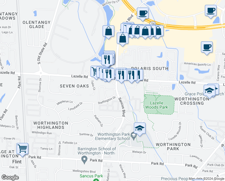 map of restaurants, bars, coffee shops, grocery stores, and more near 1021 Cameron Crossing Drive in Westerville