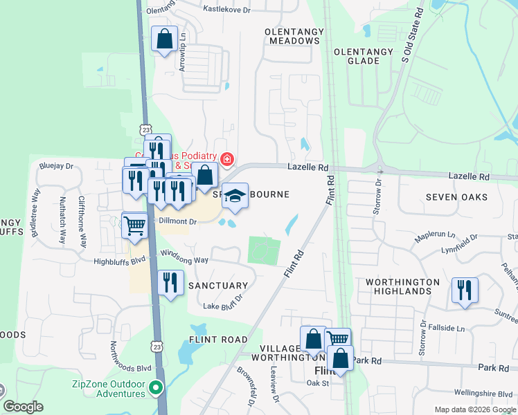 map of restaurants, bars, coffee shops, grocery stores, and more near 277 Turnstone Road in Columbus