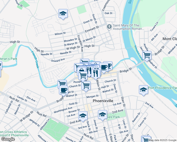 map of restaurants, bars, coffee shops, grocery stores, and more near 15 Mill Street in Phoenixville