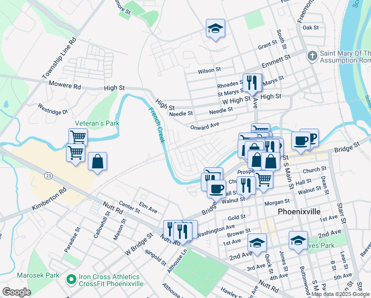 map of restaurants, bars, coffee shops, grocery stores, and more near 383 Foundry Street in Phoenixville