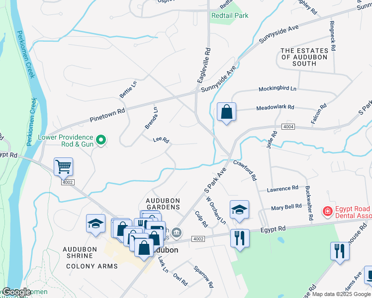 map of restaurants, bars, coffee shops, grocery stores, and more near 38 Lee Road in Eagleville