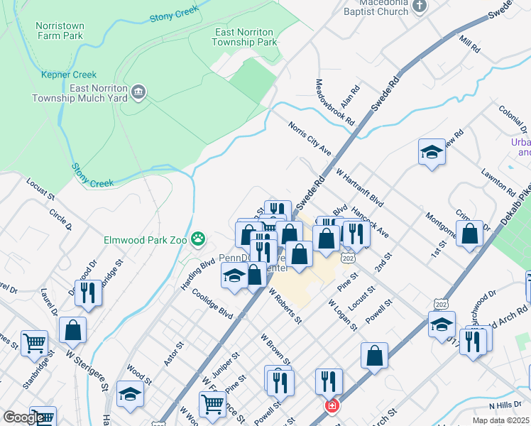 map of restaurants, bars, coffee shops, grocery stores, and more near 1808 Chain Street in Norristown