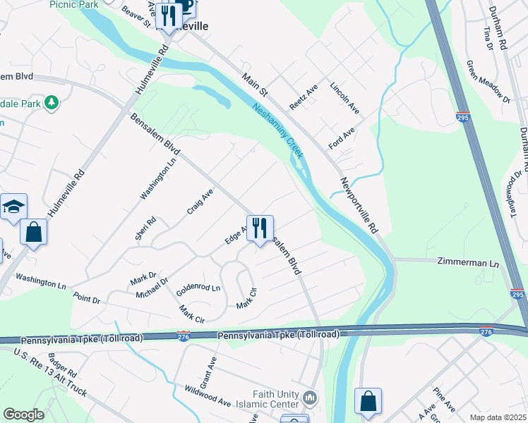 map of restaurants, bars, coffee shops, grocery stores, and more near 6353 Edge Avenue in Bensalem