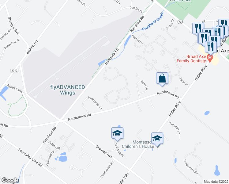 map of restaurants, bars, coffee shops, grocery stores, and more near 110 Orchard Court in Blue Bell