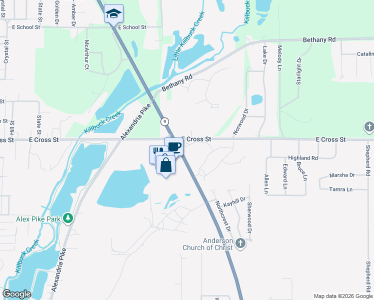 map of restaurants, bars, coffee shops, grocery stores, and more near 1835 Scatterfield Road in Anderson