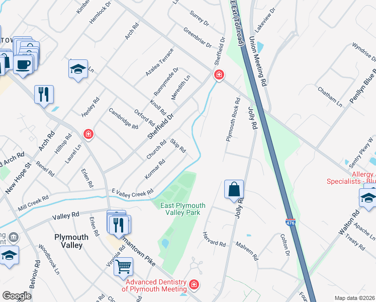 map of restaurants, bars, coffee shops, grocery stores, and more near 13 Skip Road in Plymouth Meeting