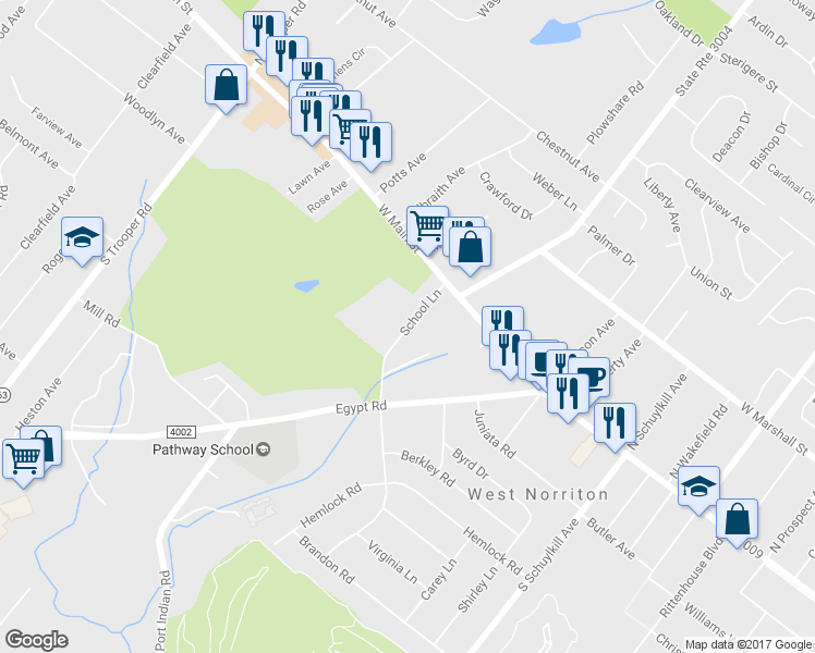 map of restaurants, bars, coffee shops, grocery stores, and more near 39 School Lane in Norristown