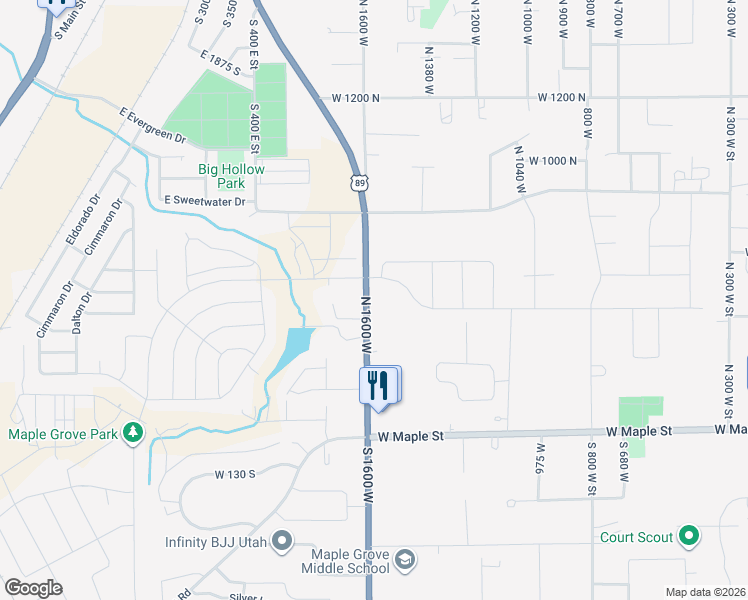 map of restaurants, bars, coffee shops, grocery stores, and more near 490 North 1600 West in Mapleton