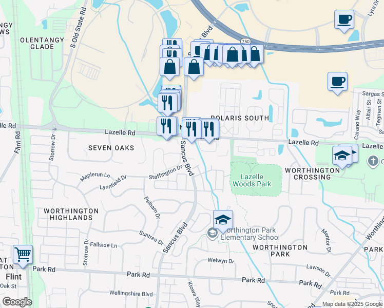 map of restaurants, bars, coffee shops, grocery stores, and more near 8226 Baltimore Avenue in Columbus