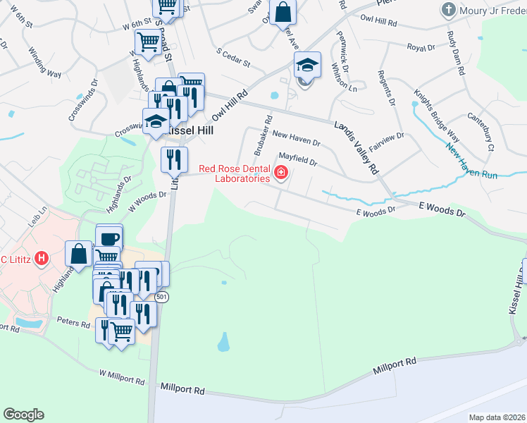 map of restaurants, bars, coffee shops, grocery stores, and more near 32 Brusen Drive in Lititz