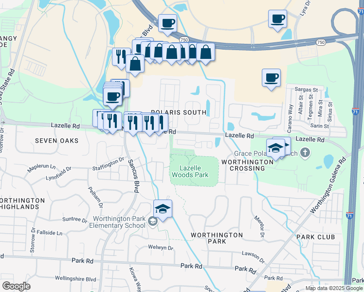 map of restaurants, bars, coffee shops, grocery stores, and more near 1119 Green Knoll Drive in Westerville