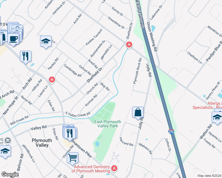 map of restaurants, bars, coffee shops, grocery stores, and more near 13 Skip Road in Plymouth Meeting