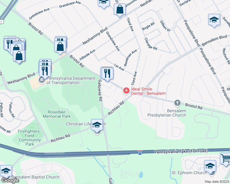 map of restaurants, bars, coffee shops, grocery stores, and more near 263 Thunder Circle in Bensalem