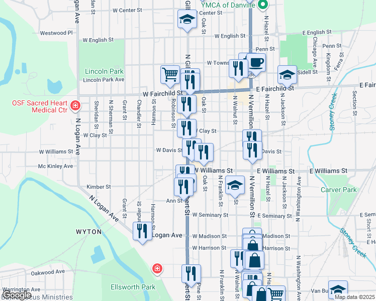 map of restaurants, bars, coffee shops, grocery stores, and more near 600 North Gilbert Street in Danville