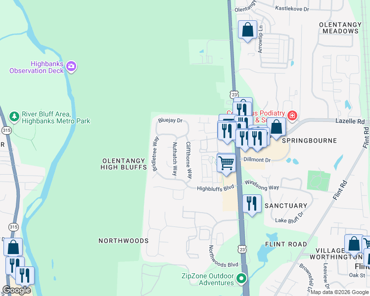 map of restaurants, bars, coffee shops, grocery stores, and more near 8433 Cliffthorne Way in Columbus