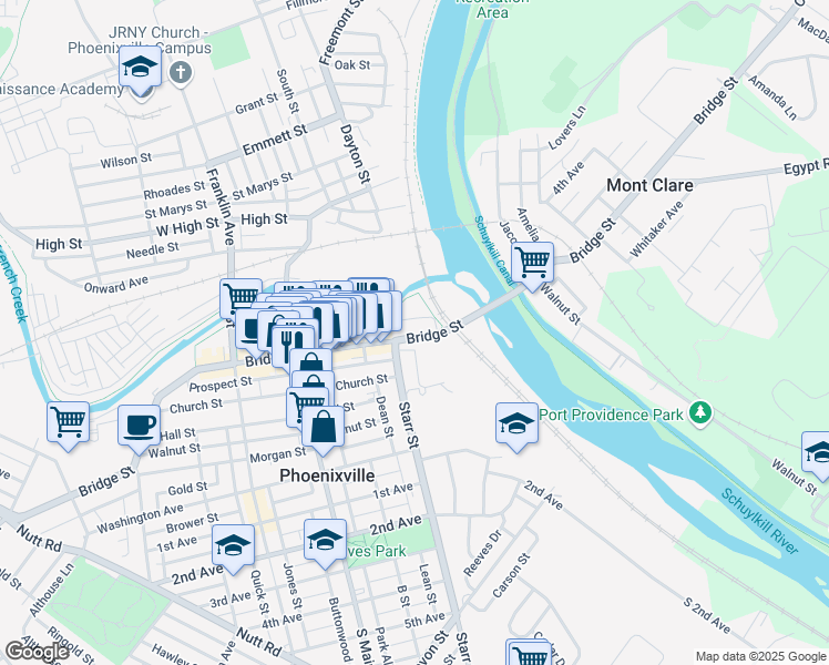 map of restaurants, bars, coffee shops, grocery stores, and more near 37 Bridge Street in Phoenixville
