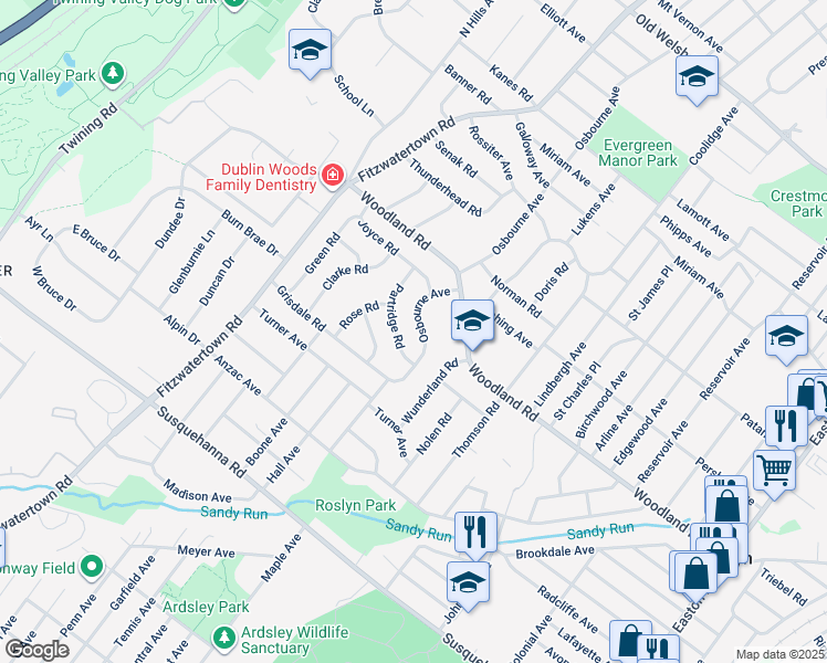 map of restaurants, bars, coffee shops, grocery stores, and more near 1346 Osbourne Avenue in Abington