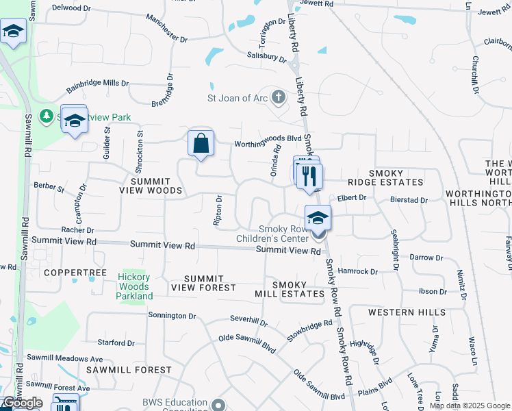 map of restaurants, bars, coffee shops, grocery stores, and more near 8736 Laconia Drive in Powell